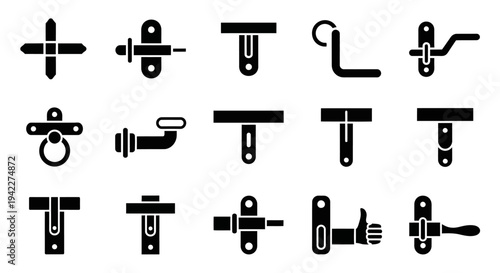 Collection of Various Black Silhouette Door Handles and Latches on White Background from Direct Viewpoint