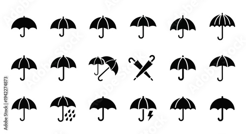 Collection of black umbrella icons in various poses and conditions against a plain background from a straightforward viewpoint