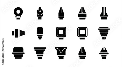 Collection of abstract black icons representing various objects and shapes on a clean white background viewed from a straightforward perspective