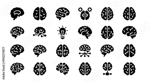 Collection of various brain illustrations showcasing different sections and concepts on a plain background from a straightforward viewpoint