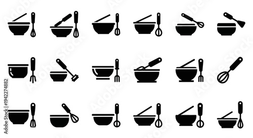 Assorted kitchen utensils and bowls arranged neatly, showcasing various mixing tools and containers in a clean white space, viewed from directly above.