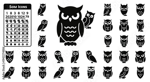 Collection of owl illustrations in various poses and sizes with a sign icon nearby