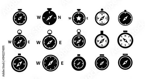 Collection of assorted compass icons displayed on a clean white background from a straightforward viewpoint