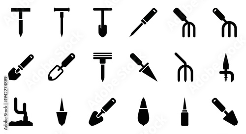 Collection of Various Gardening Tools and Equipment Icons on a Neutral Background from a Direct Viewpoint