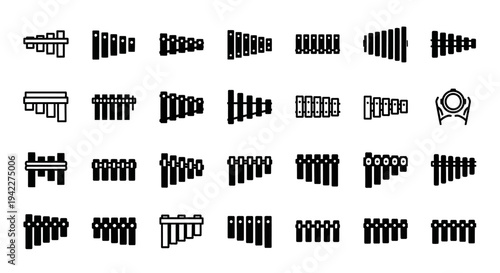 A collection of simple black icons representing people gathered in various formations and settings