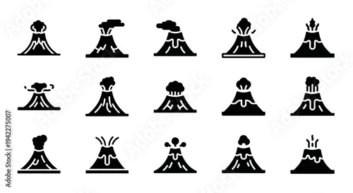 Collection of Volcano Icons in Various Eruption States and Styles on a Neutral Background from a Direct Viewpoint