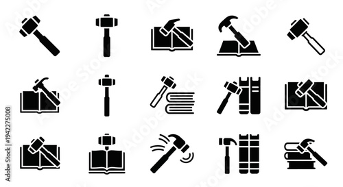 Collection of black hammer icons on white background depicting various actions and tools used in construction and carpentry