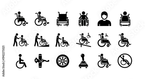 Collection of black icons representing people with disabilities using wheelchairs and other assistive devices on a white background viewed from a straightforward perspective