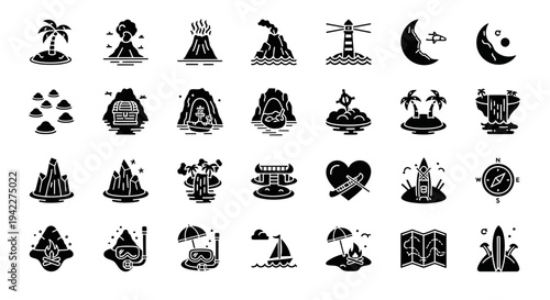 Collection of various travel and landscape icons, including landmarks and natural elements, presented in a grid layout, simple line art, black on transparent background