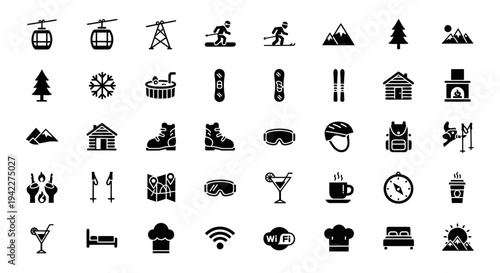 Collection of various monochrome icons representing different activities and objects on a clean white background