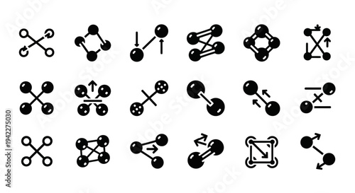 Collection of abstract molecular structure icons displayed on a grid, featuring geometric shapes and bonds from various viewpoints
