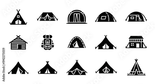 Collection of Various Tent Icons Representing Camping and Outdoor Activities