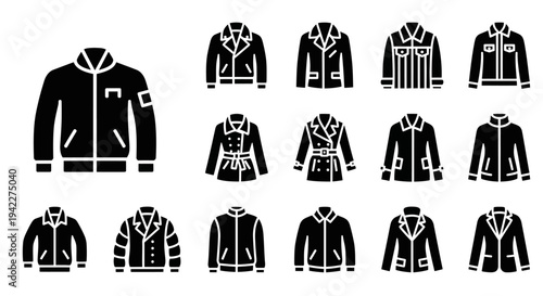 Collection of various jacket icons displayed in a grid layout, showcasing different styles and designs