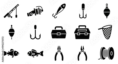 Fishing gear icons collection featuring rods, hooks, and tackle boxes in a grid layout
