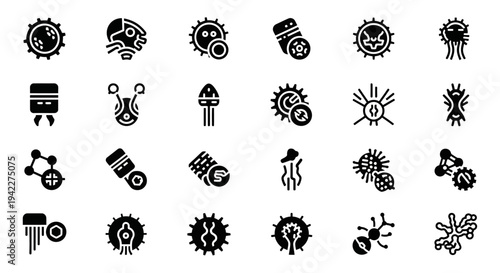 Collection of Various Virus and Bacteria Icons in Black and White Illustrations