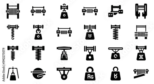 Collection of various mechanical icons representing industrial parts and tools in a grid layout from a direct viewpoint