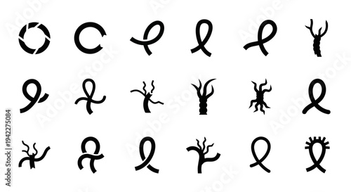 Collection of abstract black silhouettes of various shapes forming twisted and curved designs on a plain white background