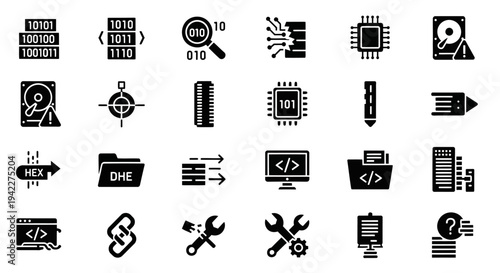 Collection of black icons representing technology and development tools on a white background viewed from a straightforward perspective