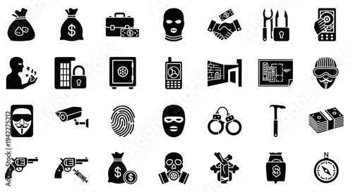 Collection of black icons representing crime and security on a plain background from a direct viewpoint