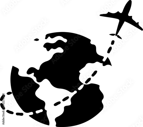 Global Travel and Tourism Vector Icon: Black Silhouette Airplane Flying Around Earth Globe with Dotted Path for International Journeys and Worldwide Transportation Concepts