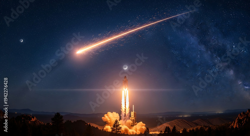 Rocket launch into the night sky with a bright meteor shower.