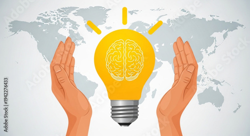 World Intellectual Property Day Global intellectual power concept with hands protecting a glowing lightbulb containing a brain, representing worldwide innovation and bright ideas