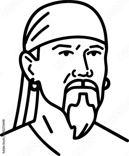 Hand Drawn Male Pirate Black and White Avatar Illustration in Minimal Line Art Style Design