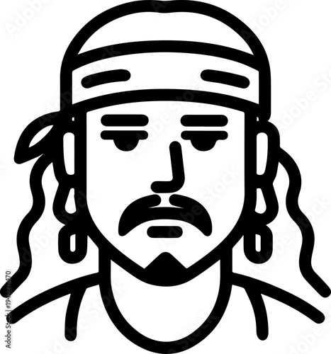 Hand Drawn Male Pirate Black and White Avatar Illustration in Minimal Line Art Style Design