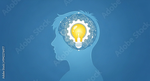 Conceptual illustration of a human head with a light bulb and gears, symbolizing intelligence, creative thinking, idea generation, innovation, and problem-solving