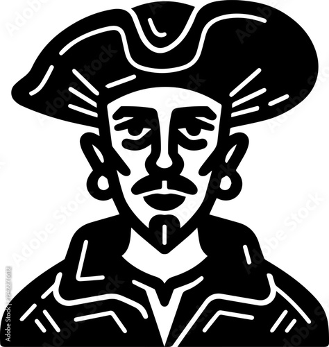 Hand Drawn Male Pirate Black and White Avatar Illustration in Minimal Line Art Style Design
