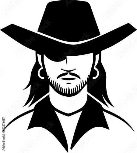 Hand Drawn Male Pirate Black and White Avatar Illustration in Minimal Line Art Style Design