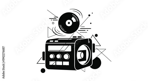 Retro portable cassette player hovers amidst geometric abstract lines and a vinyl record spinning above.