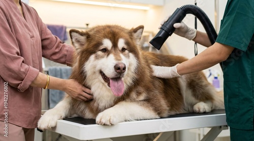 Dog grooming session with a professional groomer using a dryer and brush.