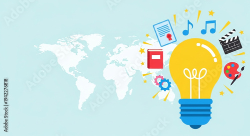World Intellectual Property Day Global Creativity and Innovation A World of Ideas Illuminated by a Lightbulb Symbolizing Knowledge and Inspiration