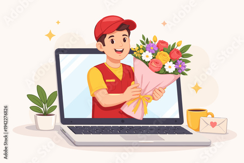 Cartoon deliveryman in red uniform holding a vibrant bouquet of roses and daisies emerging from a laptop screen, concept for online flower delivery service, digital gifting, and e-commerce.