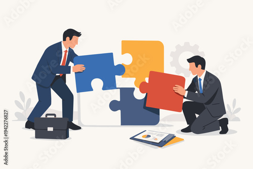 Professional businessmen in suits working together to complete a large jigsaw puzzle, symbolizing teamwork, corporate strategy, problem solving, synergy, and successful business partnership