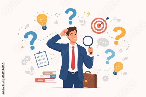 Confused Businessman in Blue Suit Searching for Answers with Magnifying Glass, Surrounded by Question Marks, Light Bulbs, Target, and Books. Flat Vector Illustration for Problem Solving and Ideas.