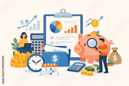 Financial Management and Budget Planning Vector Illustration with People Analyzing Data, Saving Money in Piggy Bank, and Managing Investments for Business Growth and Personal Wealth Success