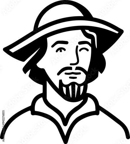 Hand Drawn Male Pirate Black and White Avatar Illustration in Minimal Line Art Style Design