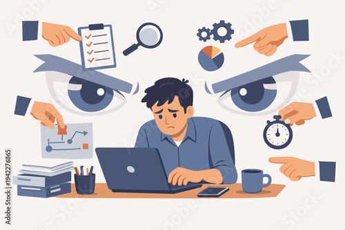 Stressed Employee Under Constant Surveillance and Micromanagement at Office Desk with Hands Pointing at Tasks, Deadlines, and Performance Metrics, Concept of Toxic Workplace and Lack of Trust