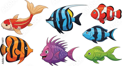 Colorful Aquarium Tropical Fish Vector Collection with Exotic Marine Fish Illustrations for Ocean Wildlife Graphics and Underwater Nature Design.