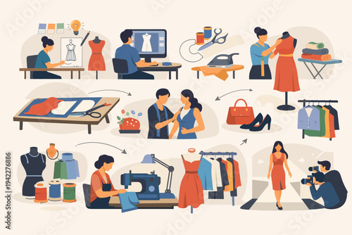Comprehensive Infographic of Fashion Designer and Dressmaking Industry Process, Featuring Sketching, Digital Design, Pattern Cutting, Sewing, Fitting, and Runway Show Flat Vector Illustration