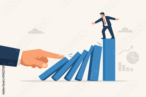 Vector illustration of a giant hand pushing blue bar chart blocks like dominoes while a businessman balances on the last pillar, symbolizing financial crisis, economic risk, and market instability.