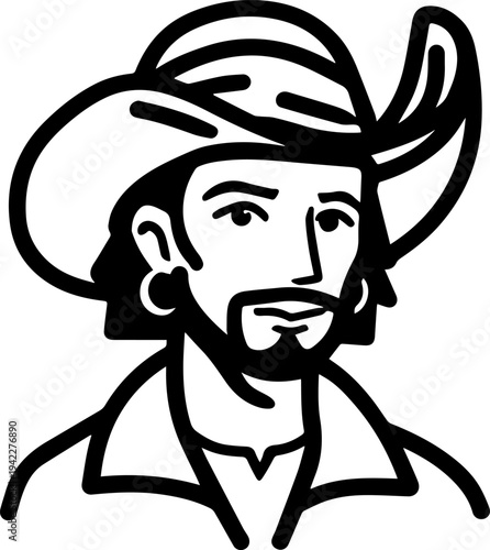 Hand Drawn Male Pirate Black and White Avatar Illustration in Minimal Line Art Style Design