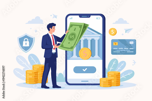 Businessman making an online deposit to his bank account using a smartphone. Secure mobile banking app with digital wallet, credit card, gold coins, and financial technology vector illustration.