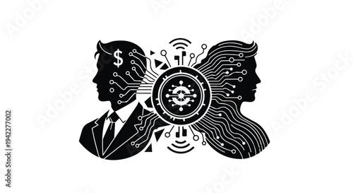 Contrasting silhouettes of a businessman and a woman face opposite directions, linked by complex digital circuitry and a central gear mechanism representing technology integration.