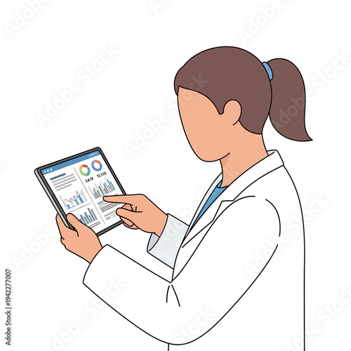 Scientist analyzing data on tablet, charts and graphs on screen, lab coat