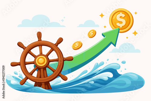 Vector Illustration of a Ship Wheel Steering Toward Financial Growth and Profit with a Green Upward Arrow and Gold Dollar Coins Over Ocean Waves, Symbolizing Successful Business Navigation and