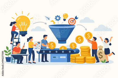Creative team turning ideas into profit using a funnel and conveyor belt system. Flat vector illustration of business innovation, financial growth, monetization process, and successful teamwork.