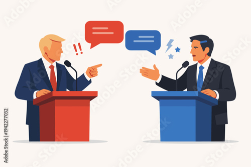 Flat vector illustration of two male political candidates in suits having a heated public debate at red and blue podiums, gesturing and arguing during an election campaign or press conference.